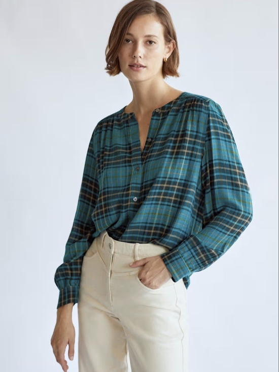 Aritzia Tops - Wilfred Free Aritzia Teal Plaid Button Down Blouse Dark Academia Coquette Small